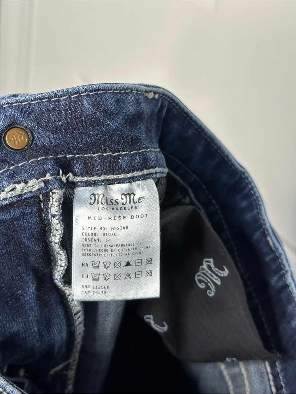 RARE Miss Me Dark Wash Gold Saint Fleur De Lis Mid Rise Bootcut Jeans Sz 30 - Picture 13 of 13
